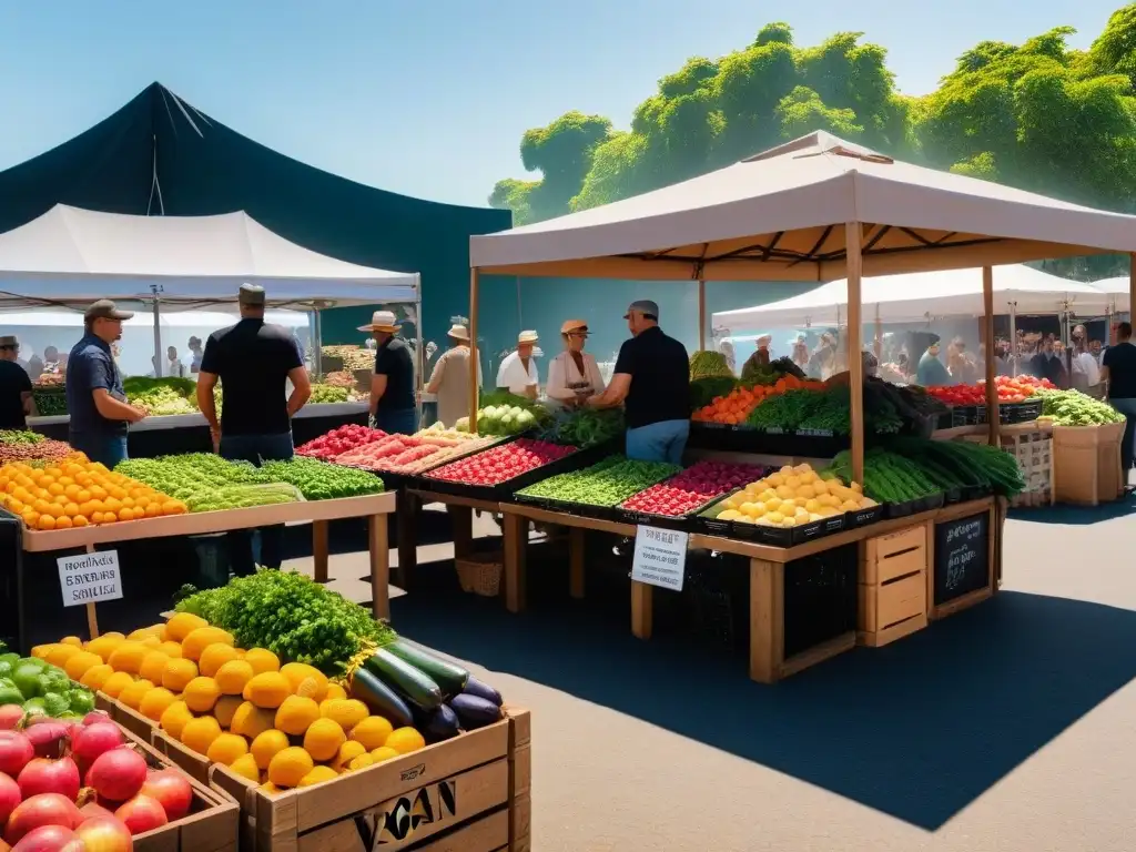 Un vibrante mercado sostenible donde se promueve la dieta vegana, la sostenibilidad y la cocina tradicional