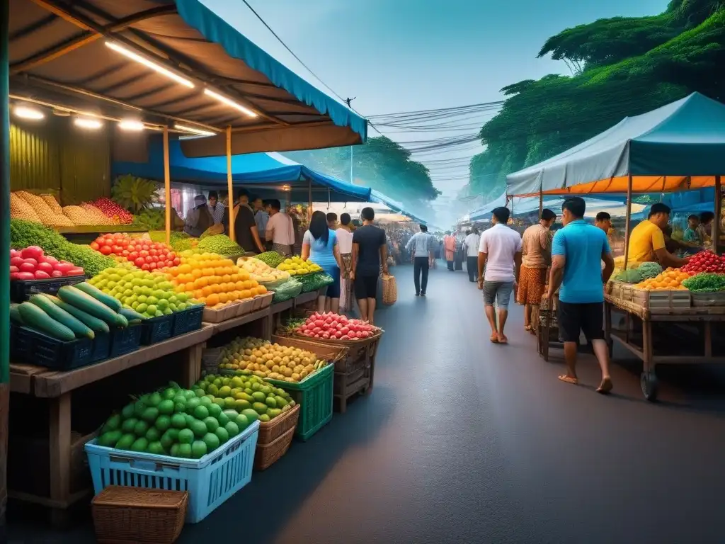 Un vibrante mercado tailandés con frutas y verduras frescas, vendedores locales y arquitectura tradicional