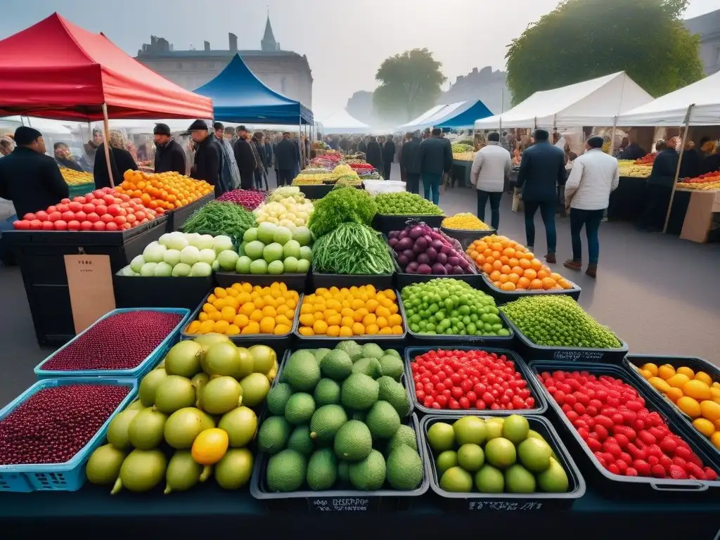 Vibrante mercado urbano con alimentos veganos variados y coloridos