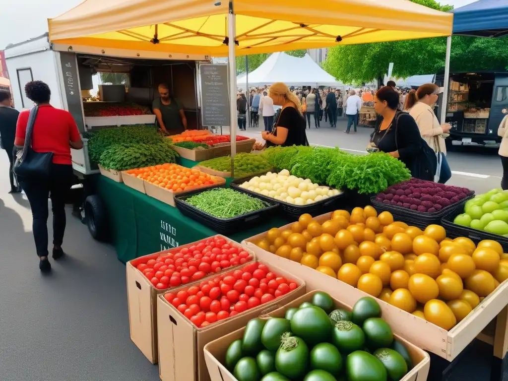 Vibrante mercado urbano con productos frescos y coloridos, promoviendo el impacto del veganismo en mercado