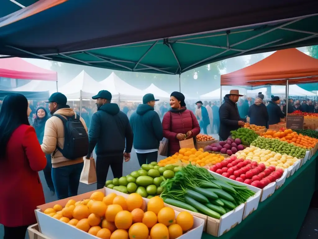 Vibrante mercado con variada comida vegana, desmitificando veganismo alimentación animal