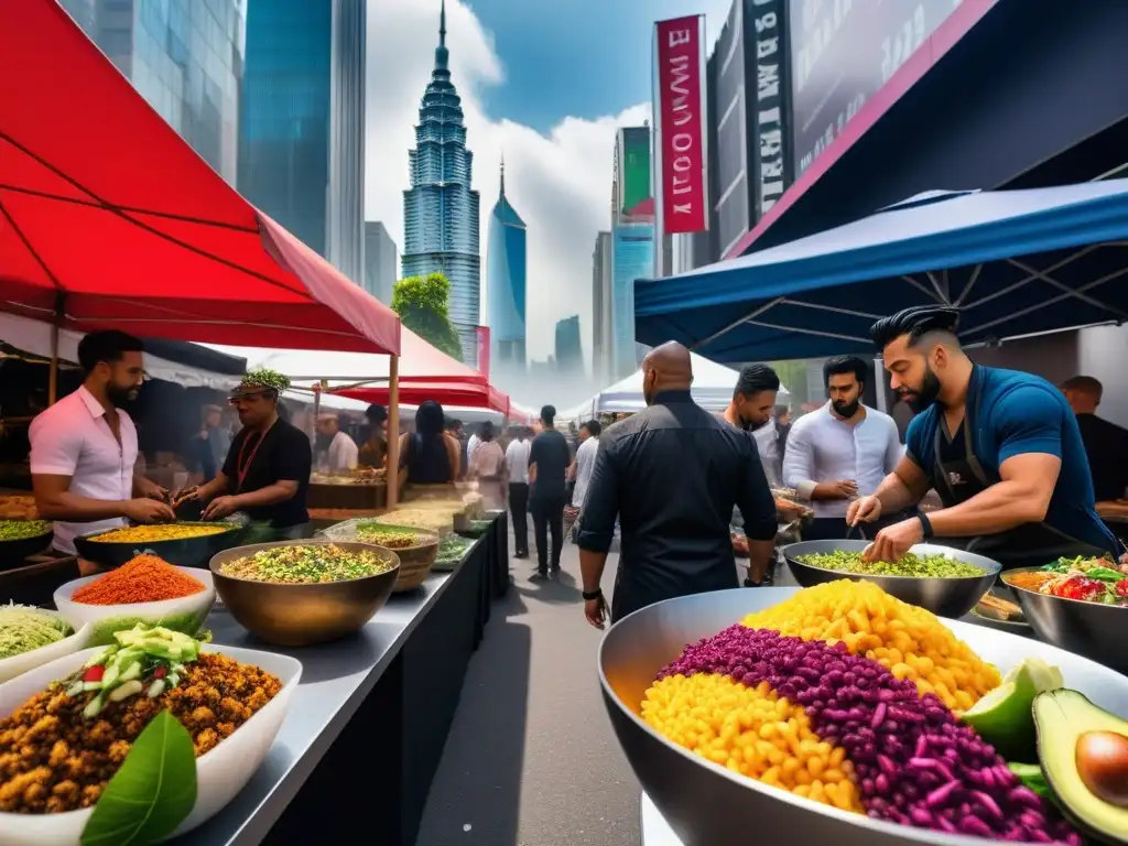 Vibrante mercado vegano al aire libre en una ciudad cosmopolita, fusionando tendencias gastronomía vegana mundial