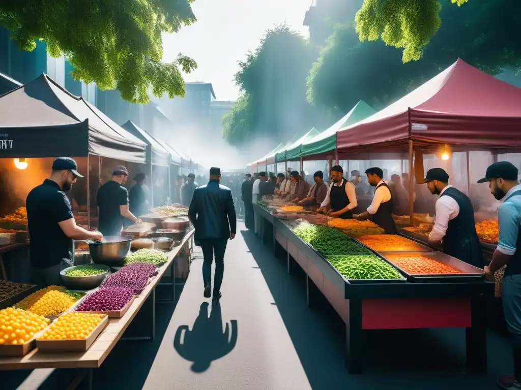 Un vibrante mercado vegano al aire libre en una ciudad diversa, simbolizando un futuro sostenible con elecciones veganas