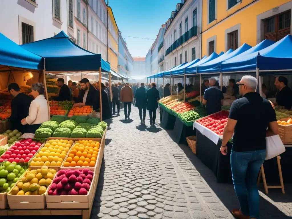 Vibrante mercado vegano al aire libre en Lisboa con productos frescos y clientes diversos, creando una atmósfera acogedora