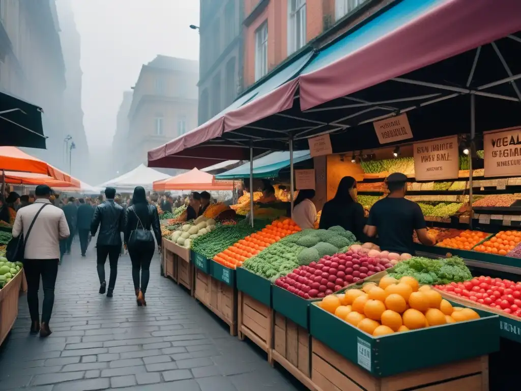 Un vibrante mercado vegano en una ciudad bulliciosa