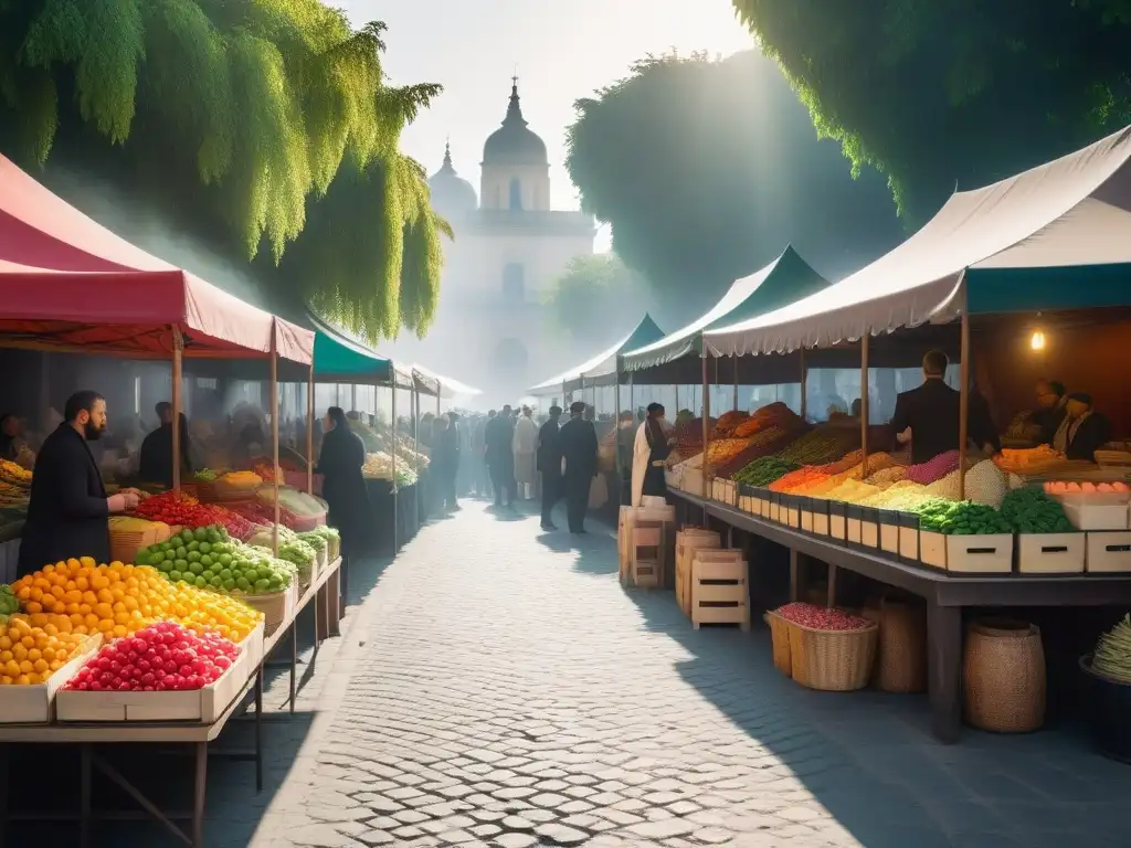 Un vibrante mercado vegano en una ciudad antigua, donde la historia y el veganismo se entrelazan
