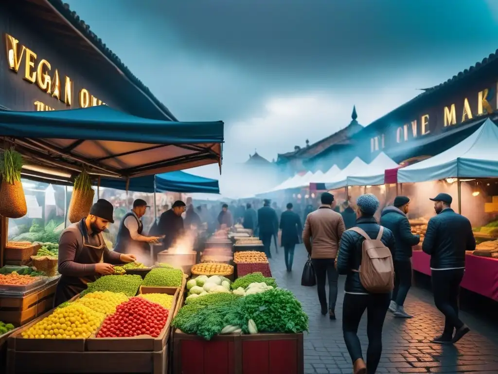 Un vibrante mercado vegano en un destino turístico, lleno de coloridos puestos y diversidad cultural