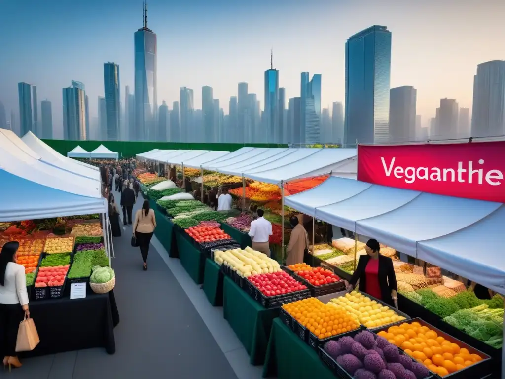 Un vibrante mercado vegano en un entorno urbano futurista