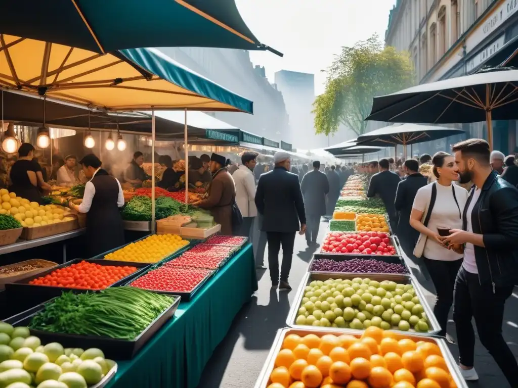 Un vibrante mercado vegano, ética en la cocina vegana, con puestos coloridos y diversidad de alimentos frescos