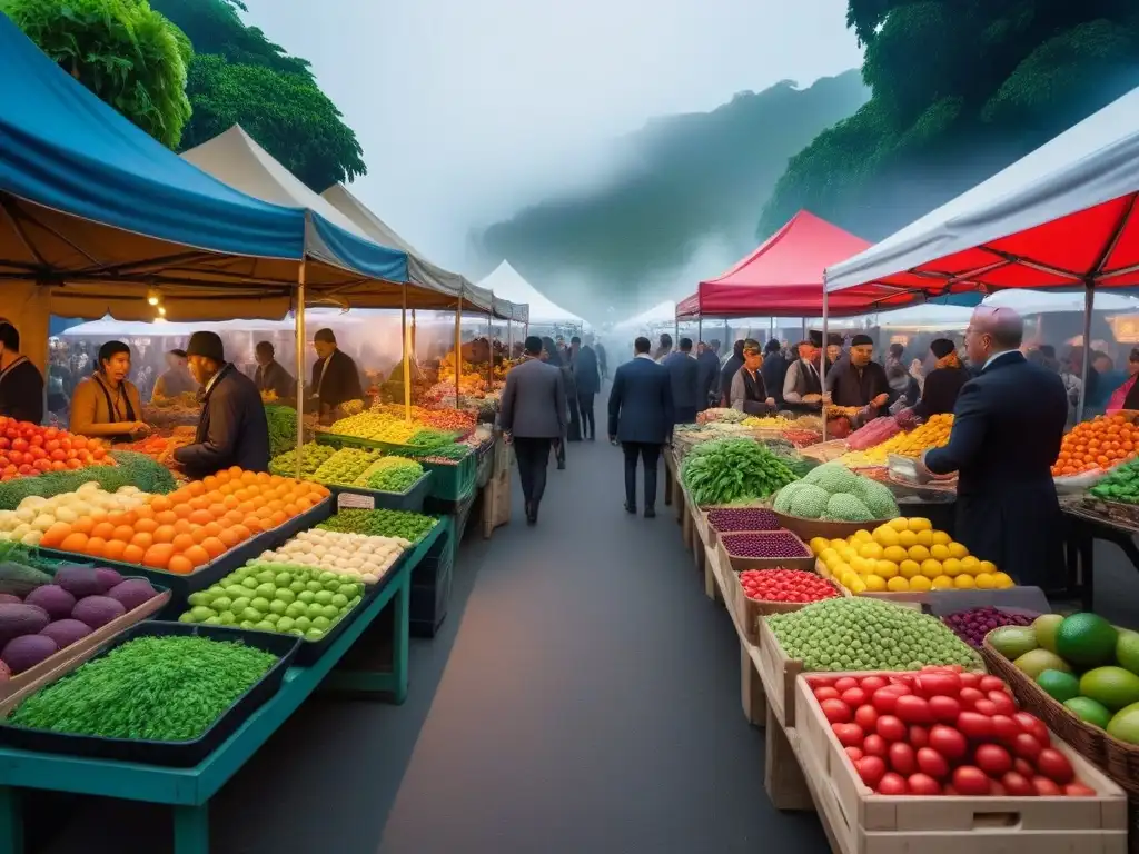 Vibrante mercado vegano con frutas frescas y gente diversa disfrutando