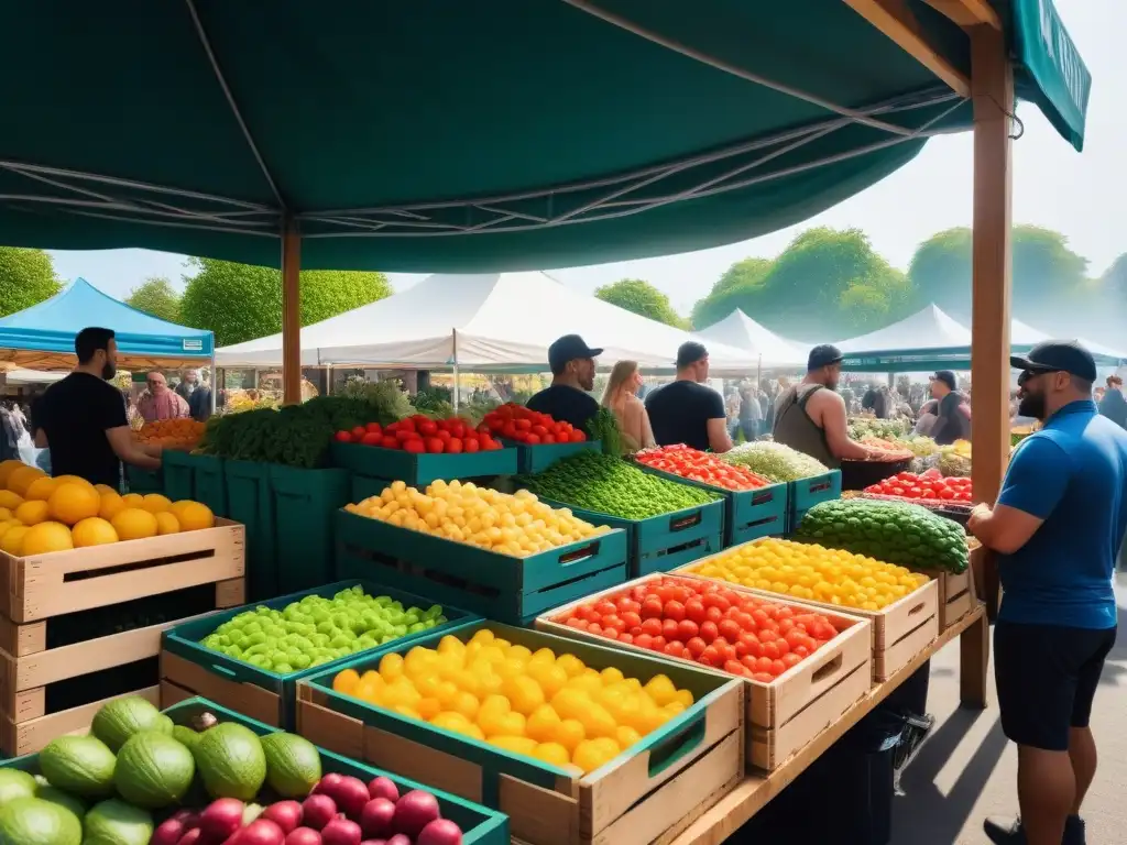 Un vibrante mercado vegano con frutas, verduras y productos plantbased, transmitiendo comunidad y sostenibilidad