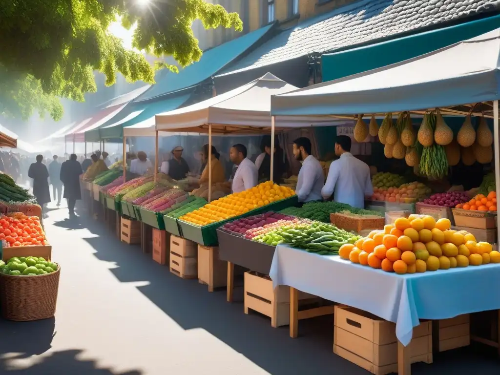 Un vibrante mercado vegano global: frutas exóticas, verduras y vendedores multiculturales