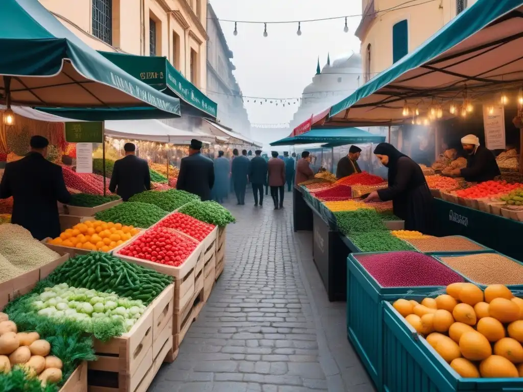 Un vibrante mercado vegano en Medio Oriente, repleto de coloridos puestos y vendedores ataviados con trajes tradicionales