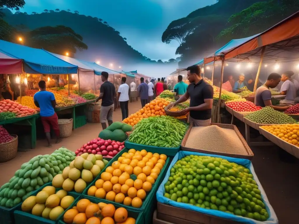 Un vibrante mercado vegano en Madagascar con platos veganos, frutas y biodiversidad única