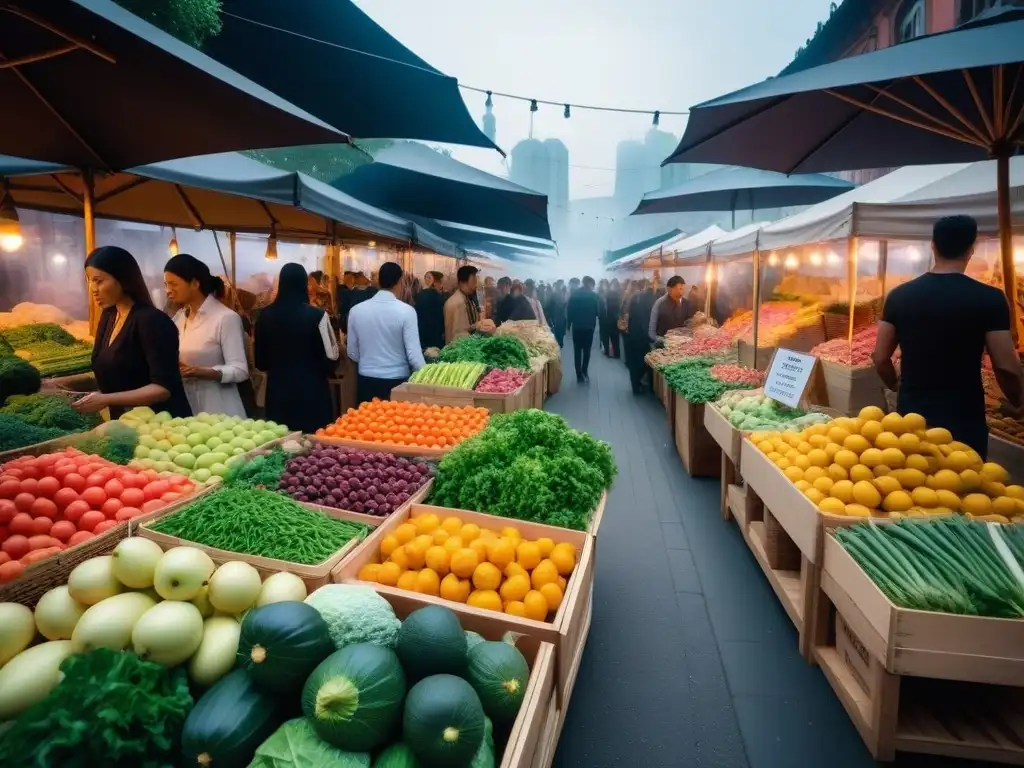 Vibrante mercado vegano con productos frescos y sostenibles, diversidad de compradores y embalajes ecológicos