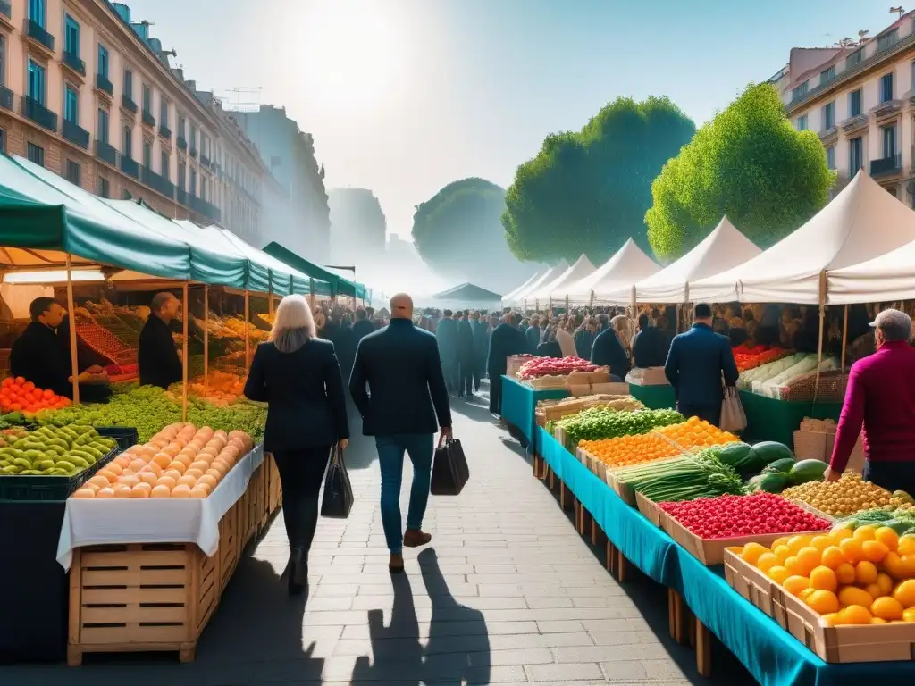 Un vibrante mercado vegano en Barcelona con puestos coloridos de frutas y verduras frescas