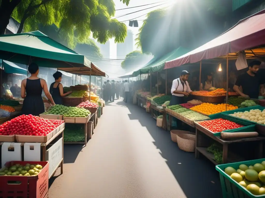 Un vibrante mercado vegano en Bangkok, Tailandia, con puestos coloridos y alimentos frescos