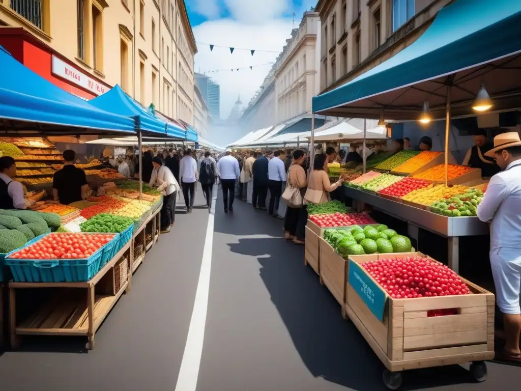 Un vibrante mercado vegano en Sídney, Australia, con puestos llenos de frutas, verduras y comida callejera a base de plantas