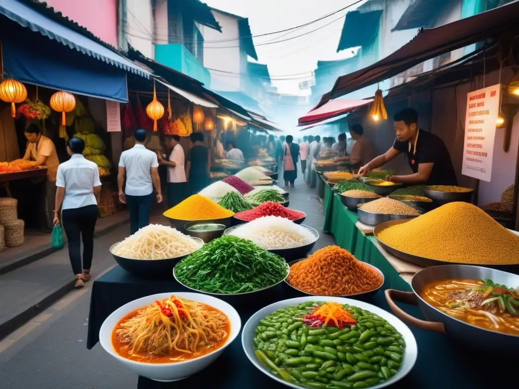 Vibrante mercado vegano del sudeste asiático con delicias y colores únicos, atrayendo a una diversa multitud de comensales