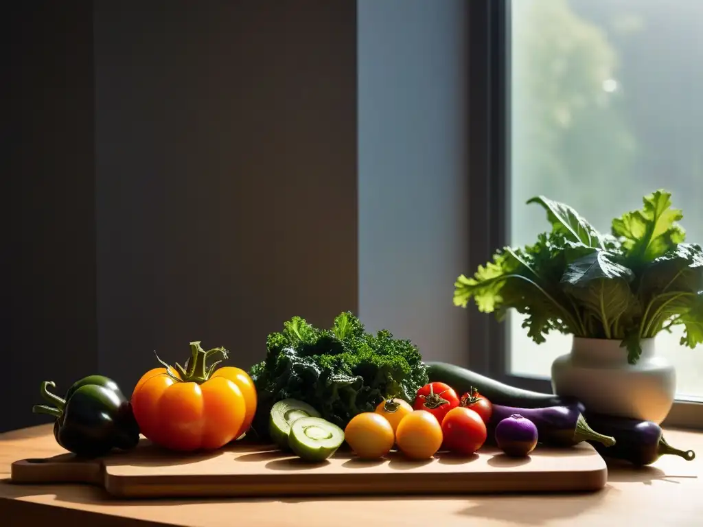 Una vibrante mezcla de frutas y verduras de temporada sobre tabla de madera