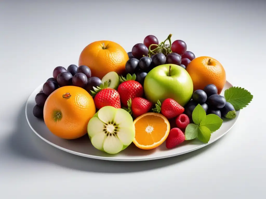 Una vibrante mezcla de frutas y verduras frescas en plato blanco, reflejando energía y vitalidad de la dieta vegana transformación cuerpo mente