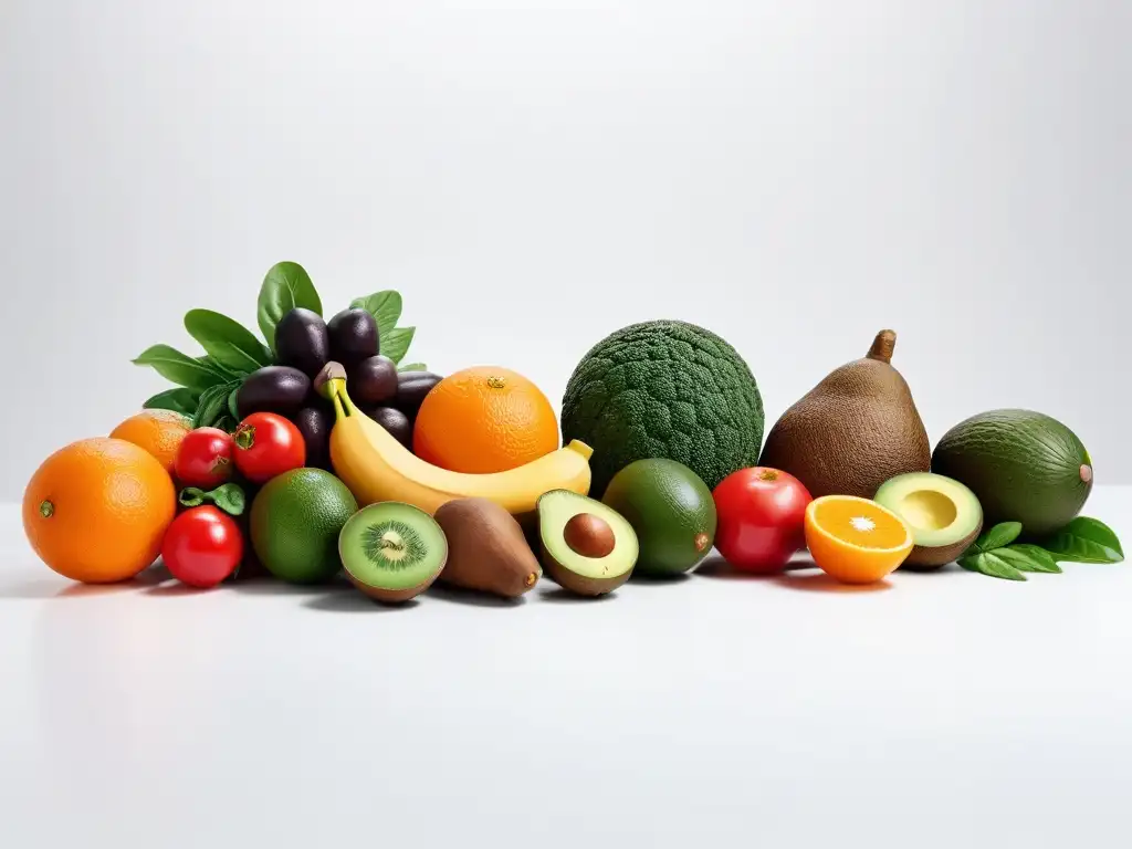 Una ilustración vibrante y moderna de alimentos veganos ricos en potasio, como plátanos, espinacas, batatas, aguacates y naranjas, dispuestos con detalle sobre una superficie blanca