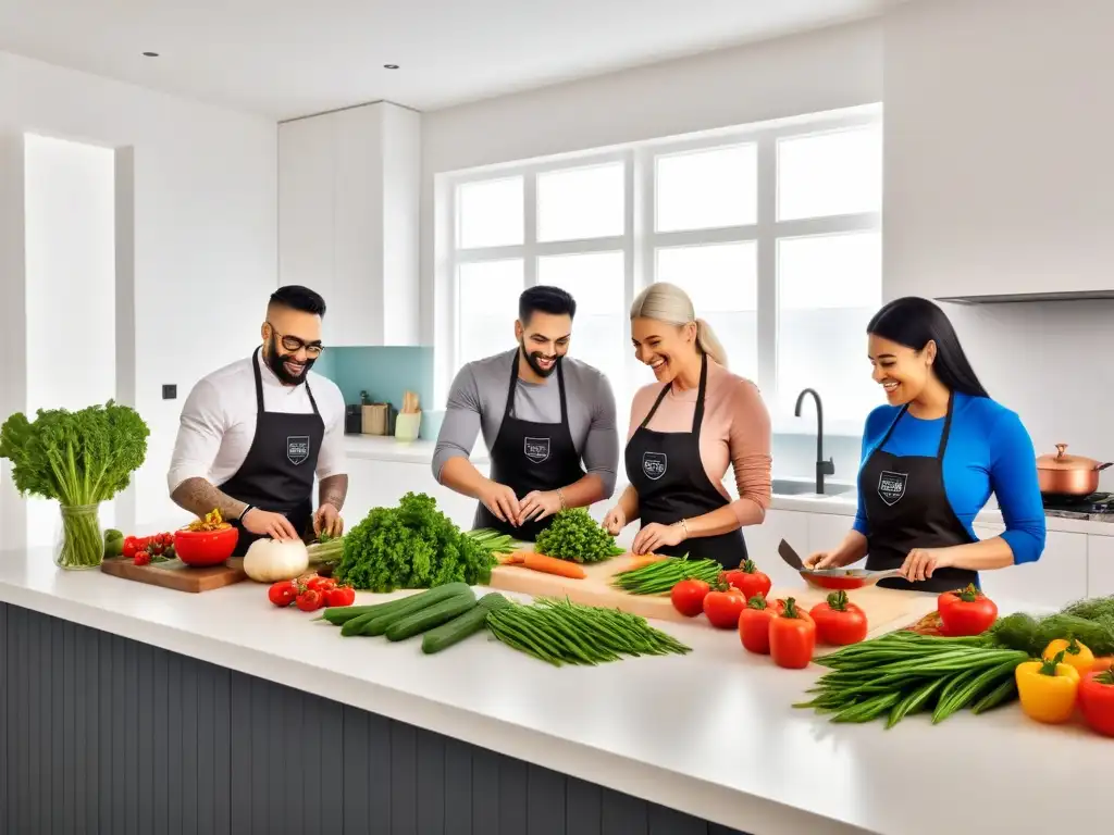 Una ilustración vibrante y moderna de una clase virtual de cocina vegana, representando diversidad y comunidad