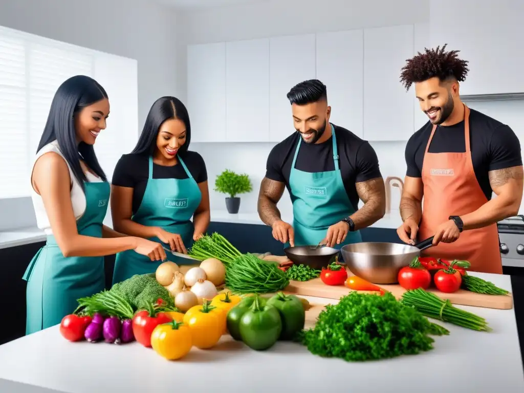 Una ilustración vibrante y moderna de cocina vegana en comunidades virtuales, donde personas diversas cocinan juntas en línea