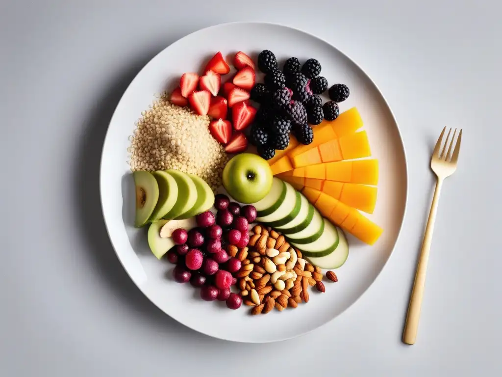 Una vibrante y moderna presentación de frutas, verduras, frutos secos y granos en un plato blanco