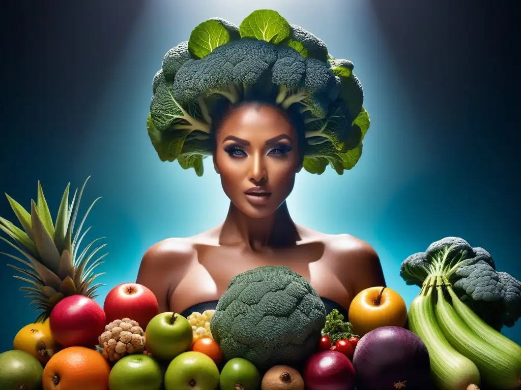 Una ilustración vibrante y moderna de frutas y verduras rodeadas de antinutrientes en una dieta vegana