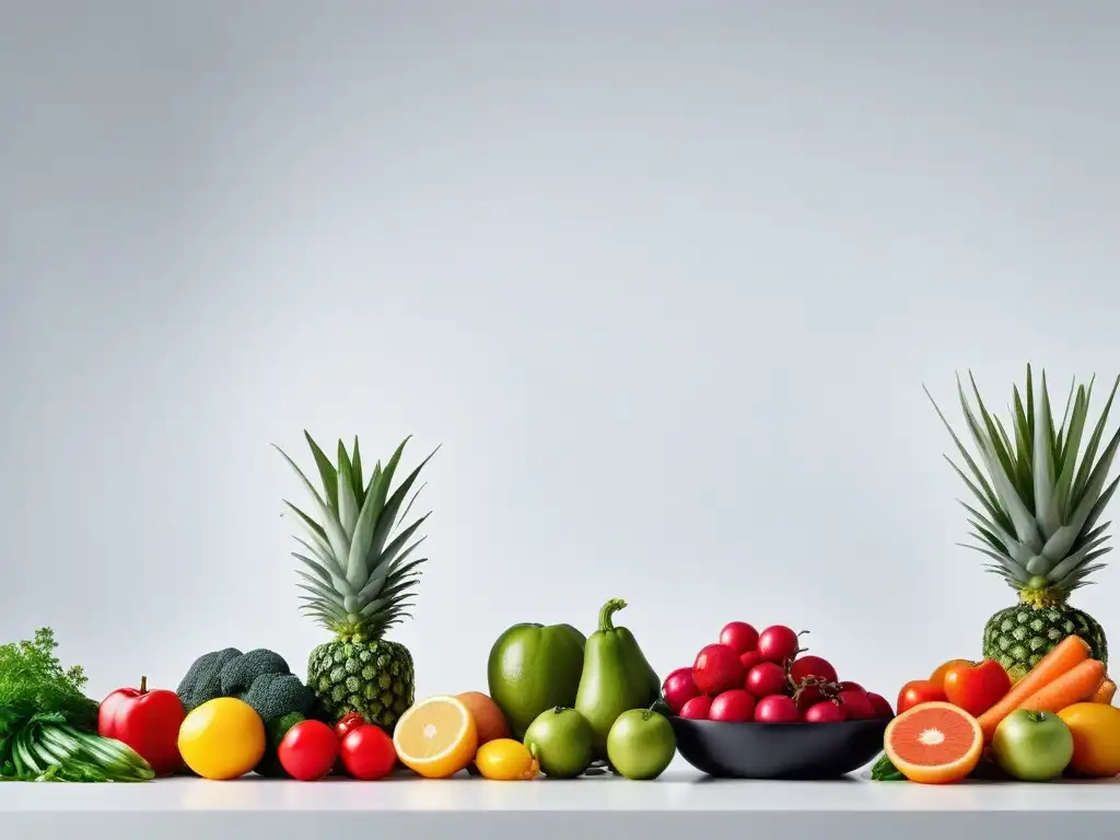 Una vibrante y moderna presentación de frutas y verduras coloridas en una cocina minimalista, ideal para una dieta vegana baja en antinutrientes