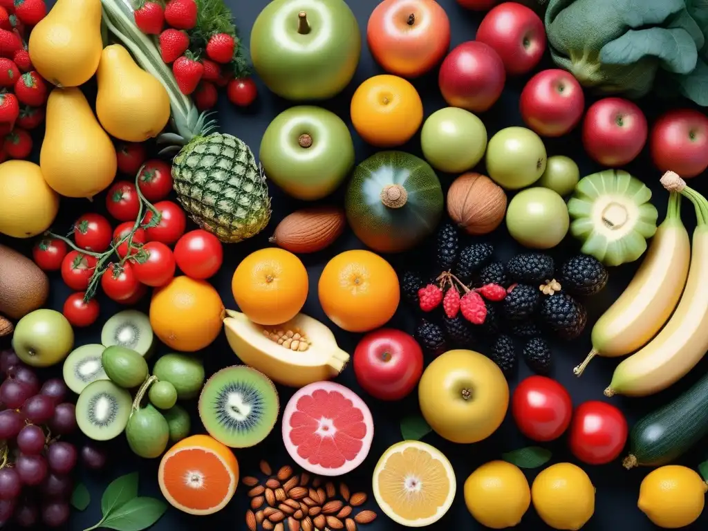 Una ilustración vibrante y moderna de frutas, verduras, nueces y semillas coloridas, detalladas y frescas