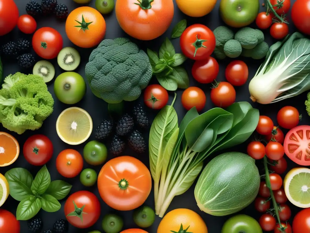 Una ilustración vibrante y moderna de frutas y verduras frescas, detalladas y con rocío, evocando vitalidad y bienestar