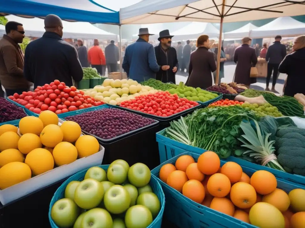 Una ilustración vibrante y moderna de gente diversa disfrutando juntos de frutas y verduras en un mercado, transmitiendo unidad y bienestar