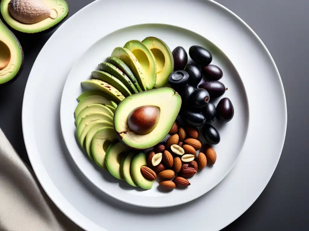 Una ilustración vibrante y moderna de grasas saludables en la dieta vegana, con aguacates, nueces, semillas y aceitunas en un plato blanco