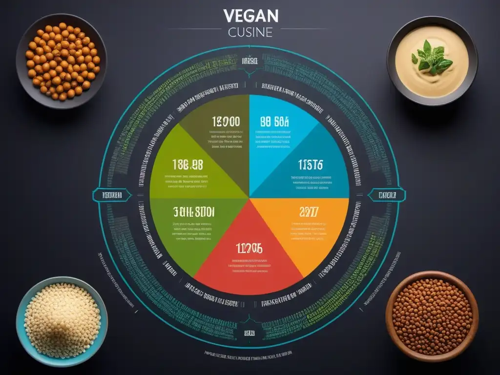 Una ilustración vibrante y moderna que muestra la historia y futuro de cocina vegana, desde ingredientes antiguos hasta innovaciones futuristas