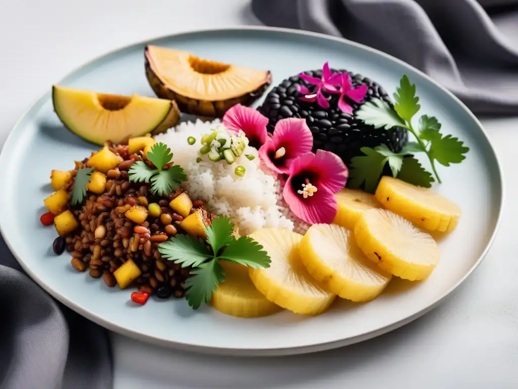 Una vibrante y moderna imagen de un colorido plato vegano caribeño con jackfruit al jerk, arroz con coco, piña a la parrilla, y chips de plátano