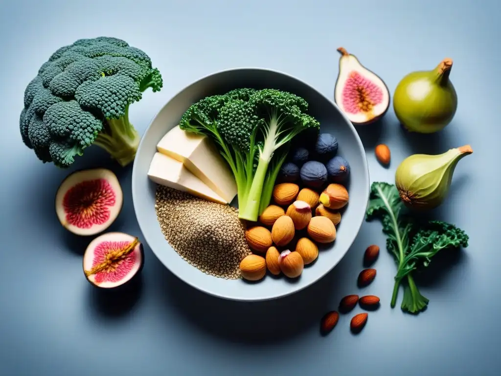 Nutrición vegana: Fuentes de calcio en una ilustración vibrante Una ilustración vibrante y moderna de ingredientes ricos en calcio en una dieta vegana