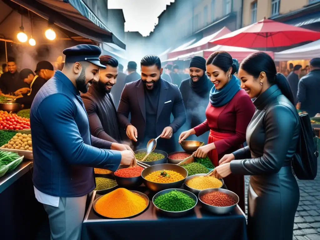 Una ilustración vibrante y moderna de personas de diferentes culturas preparando y disfrutando platos veganos en un mercado internacional