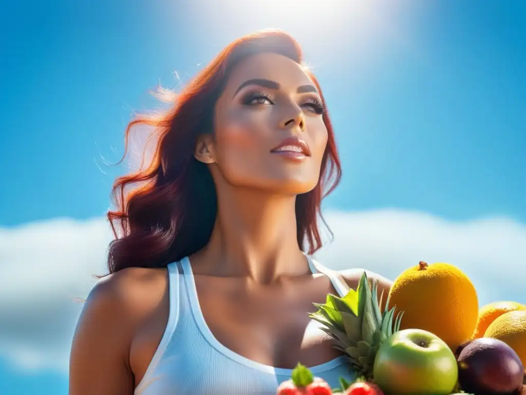 Una ilustración vibrante y moderna de personas diversas disfrutando fuentes veganas de vitamina D bajo el sol