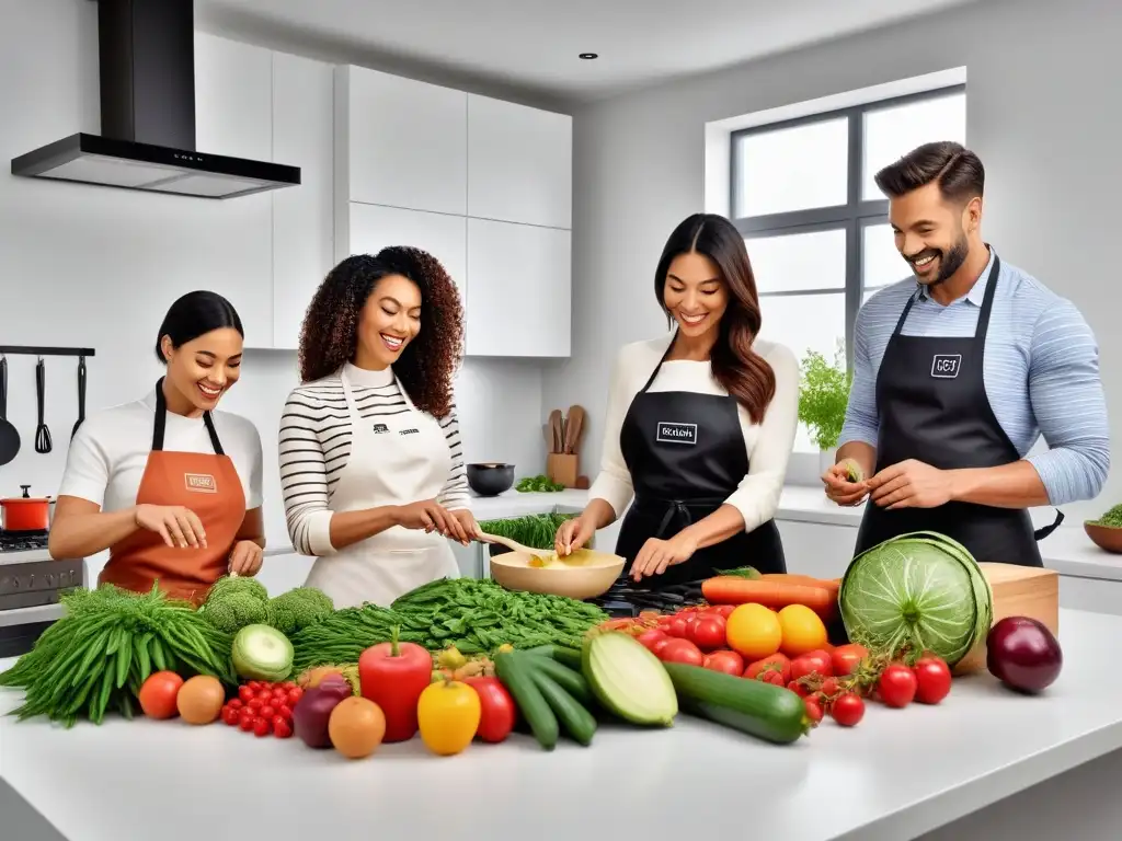 Una ilustración vibrante y moderna de personas diversas cocinando y compartiendo una comida vegana, transmitiendo la ética en la cocina vegana