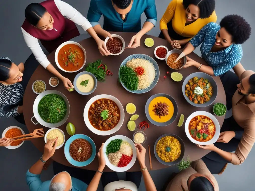 Una ilustración vibrante y moderna de personas diversas disfrutando de una mesa llena de delicias veganas, fusionando culturas