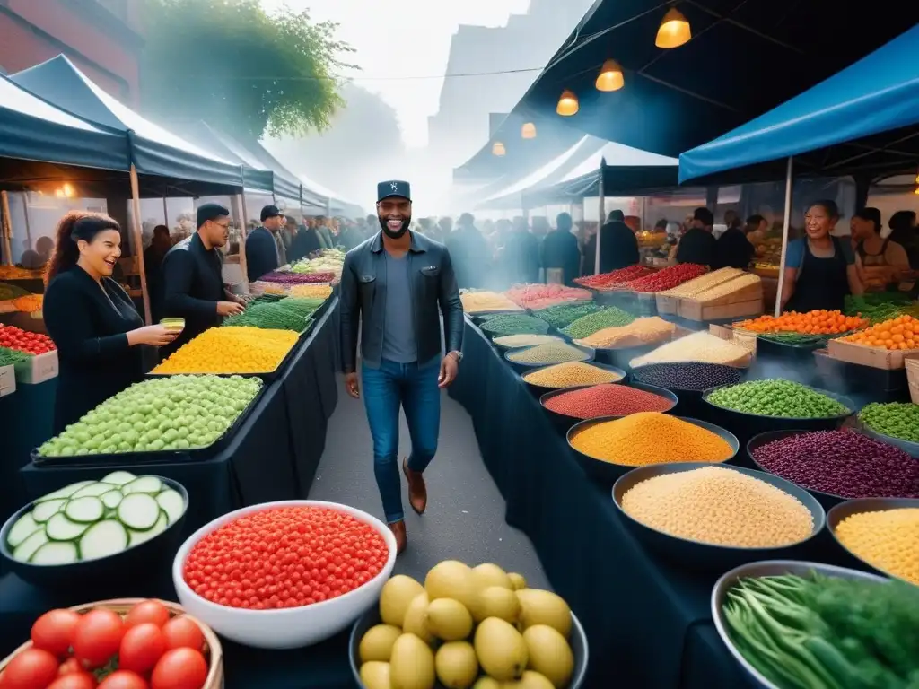 Una ilustración vibrante y moderna de personas diversas disfrutando platos vegetales en un mercado sostenible