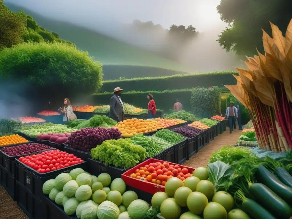 Una ilustración vibrante y moderna de personas diversas cuidando un jardín exuberante y frondoso, lleno de frutas y verduras coloridas