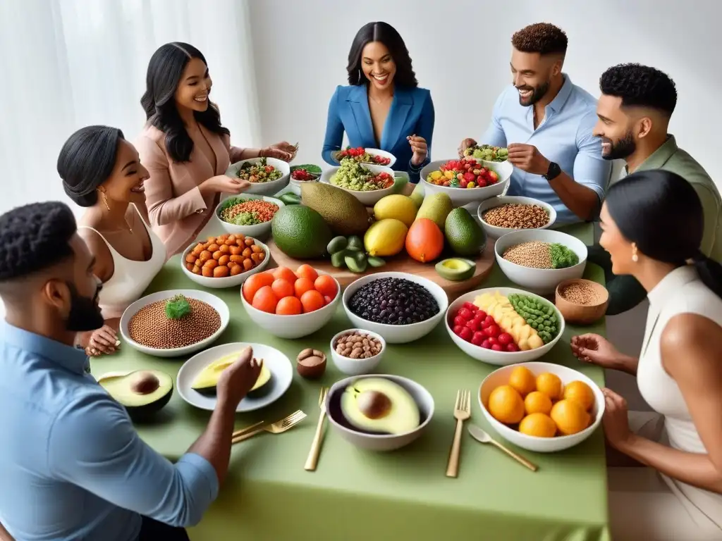 Una ilustración vibrante y moderna de personas diversas disfrutando una comida vegana llena de beneficios grasas saludables