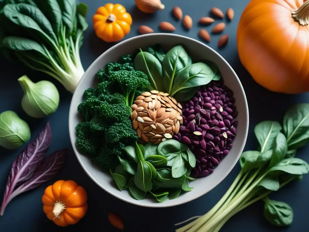 Vegetales coloridos ricos en magnesio: fuente esencial para veganos Una ilustración vibrante y moderna de vegetales coloridos ricos en magnesio como espinacas, col rizada, almendras y semillas de calabaza