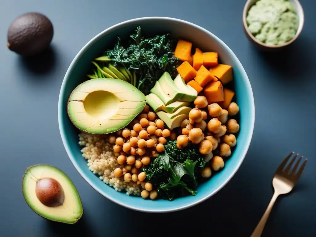 Un vibrante y moderno bowl vegano con ingredientes nutritivos, ideal para deportistas veganos