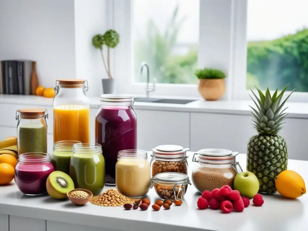 Desayuno vegano: cocina moderna repleta de ingredientes frescos y coloridos Un vibrante mostrador de cocina con ingredientes frescos para Recetas desayunos veganos energéticos
