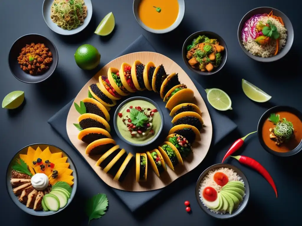 Una vibrante muestra de platos veganos coloridos de todo el mundo en una mesa moderna