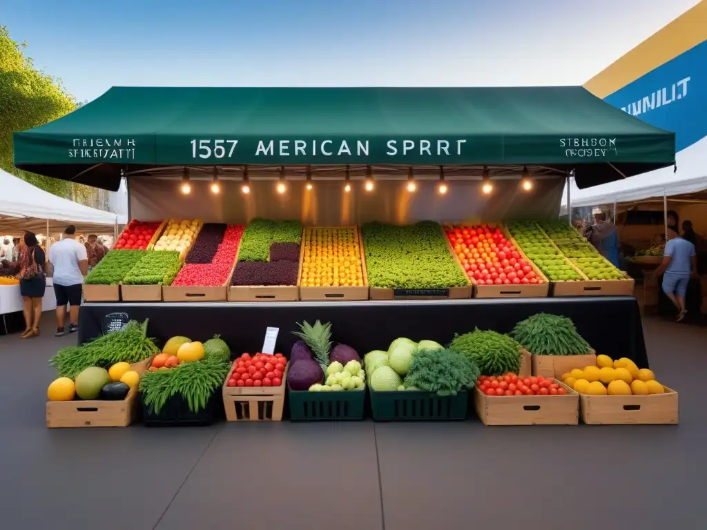 Un vibrante mural moderno de frutas y verduras en una bulliciosa feria, iluminado por la 'Ruta Vegana Americana Sabores'